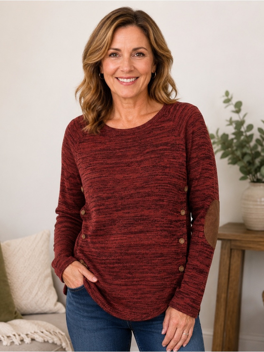 Women's Boho Button-Accent Red & Black Marled Long-Sleeve Top Size XS